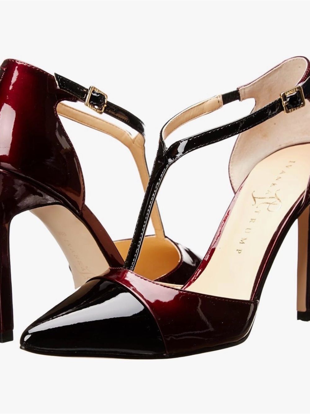 Ivanka Trump Black and Burgundy Patent T-Strap Stiletto Pumps